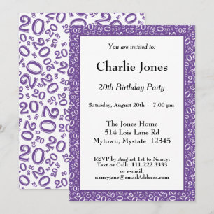Invitation 20 - Motif de nombre aléatoire Violet/Blanc 20ème 