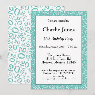 Invitation 20 - Motif de numéro aléatoire Turquoise/blanc 20e