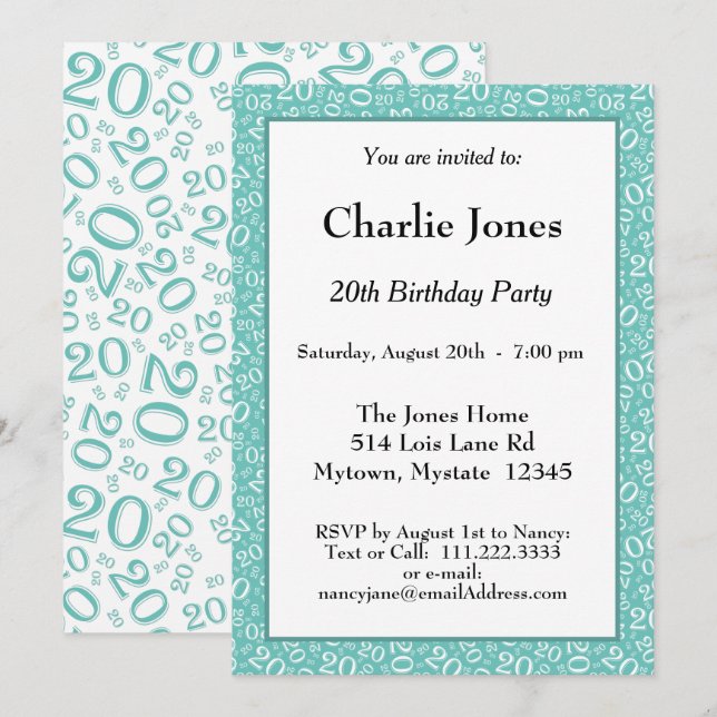 Invitation 20 - Motif de numéro aléatoire Turquoise/blanc 20e (Devant / Derrière)