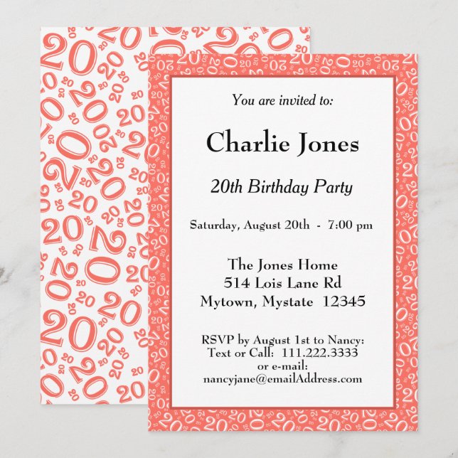 Invitation 20 - Random Number Motif Coral/White 20th Event (Devant / Derrière)