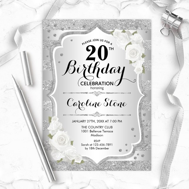 Invitation 20e anniversaire - Argent rayures Roses blanches (Créateur téléchargé)