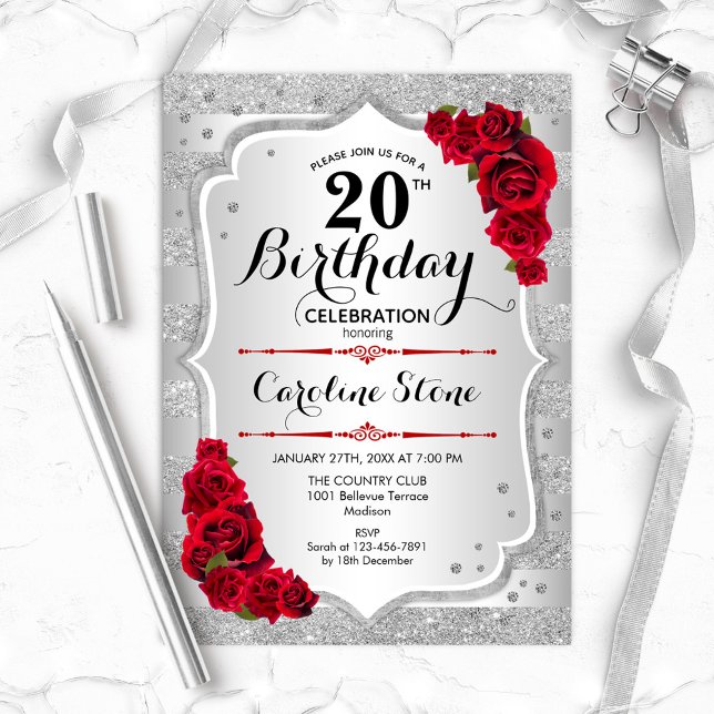 Invitation 20e anniversaire - Argent rayures Roses rouges (Créateur téléchargé)