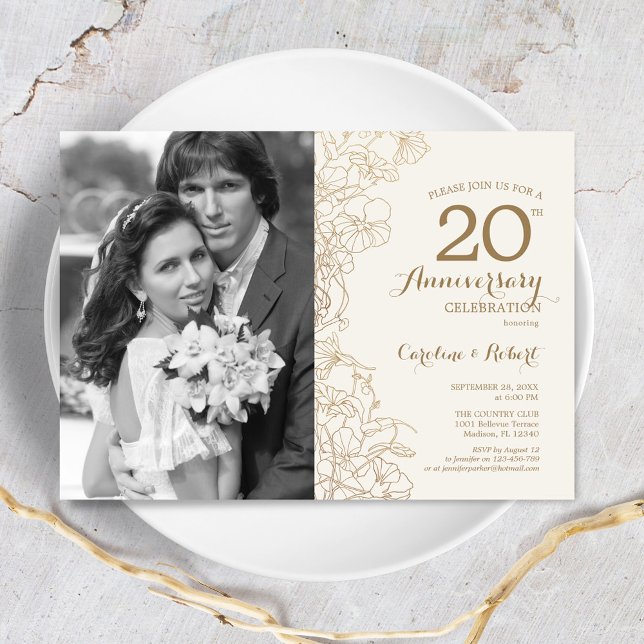 Invitation 20e anniversaire avec photo - Floral or ivory (Créateur téléchargé)