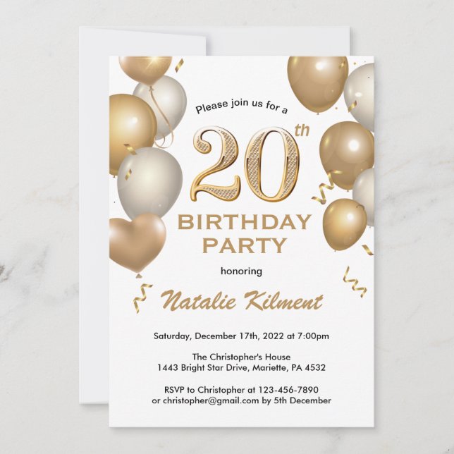 Invitation 20e anniversaire Ballons de Parties scintillant bl (Devant)