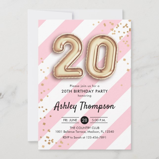 Invitation 20e anniversaire - Ballons d'or à rayures roses (Devant)