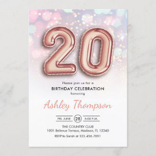 Invitation 20e anniversaire - Ballons d'or Rose Lumières rose