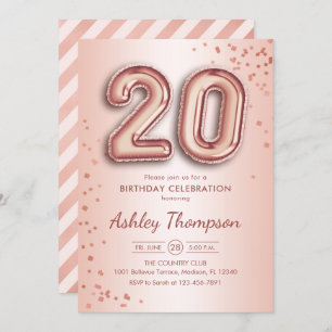 Invitation 20e anniversaire - Ballons d'or Roses