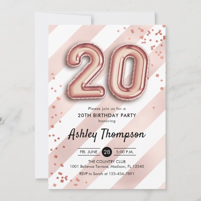Invitation 20e anniversaire - Ballons Roses en or (Devant)