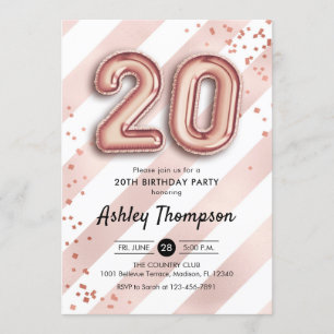 Invitation 20e anniversaire - Ballons Roses en or