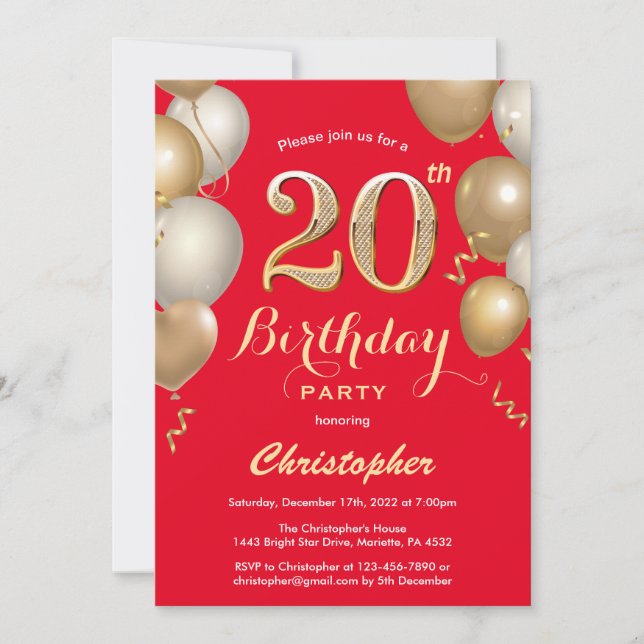 Invitation 20e anniversaire Ballons rouges et or Confetti (Devant)