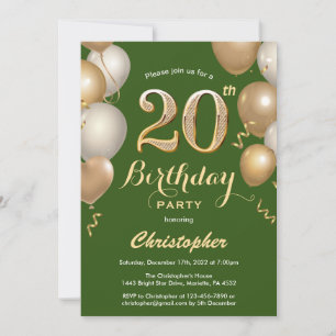 Invitation 20e anniversaire Ballons verts et or Confetti