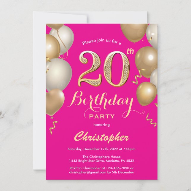 Invitation 20e anniversaire Balloons rose et rose chaud Confe (Devant)
