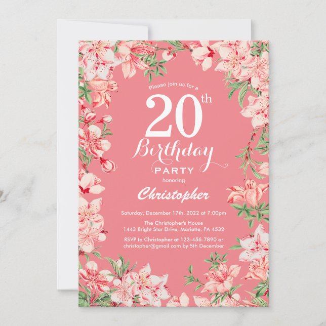 Invitation 20e anniversaire Boho rose fleurs botaniques flora (Devant)
