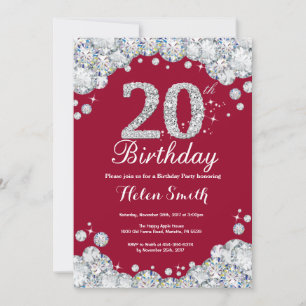 Invitation 20e Anniversaire Bourgogne Rouge et Diamant Argent