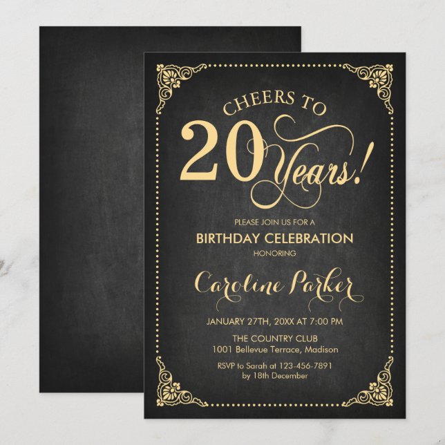 Invitation 20e anniversaire - Chalkboard Gold (Devant / Derrière)