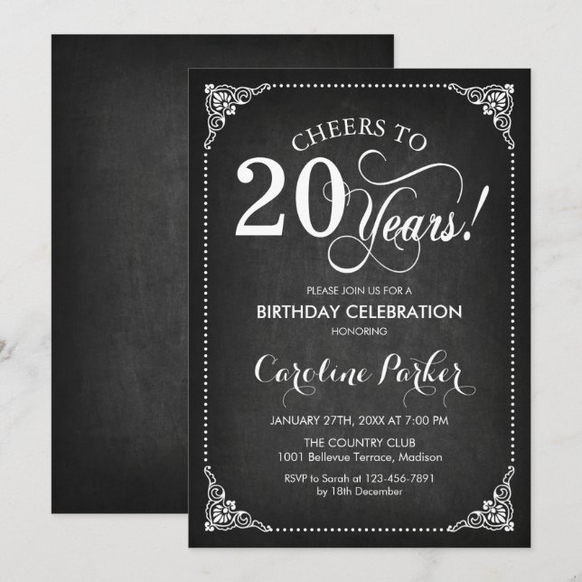 Invitation 20e anniversaire - Chalkboard White (Devant / Derrière)