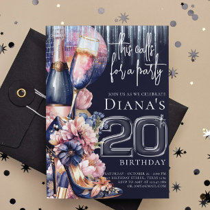 Invitation 20e Anniversaire Champagne de talon bleu rose
