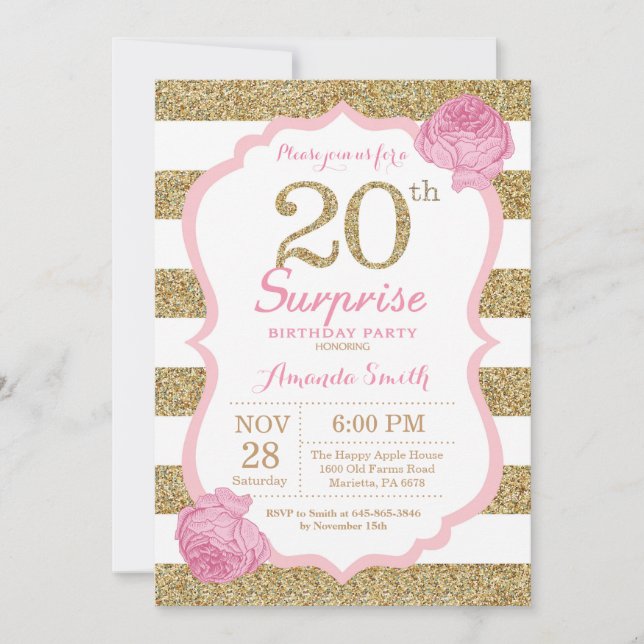 Invitation 20e anniversaire de la surprise rose et (Devant)