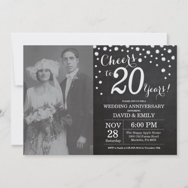 Invitation 20e Anniversaire de Mariage Ardoise Noir Argent (Devant)