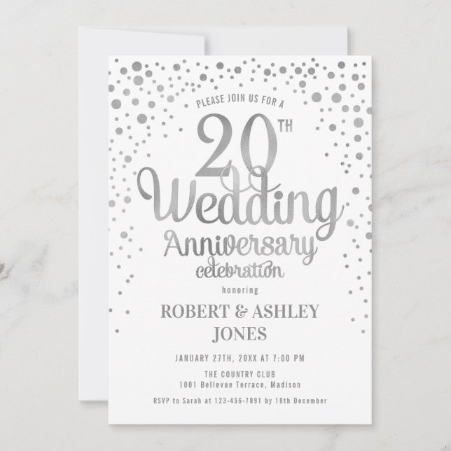 Invitation 20e anniversaire de mariage - Argent et blanc (Devant)