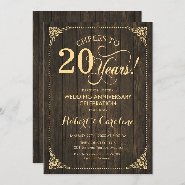 Invitation 20e anniversaire de mariage - Bois doré (Devant / Derrière)