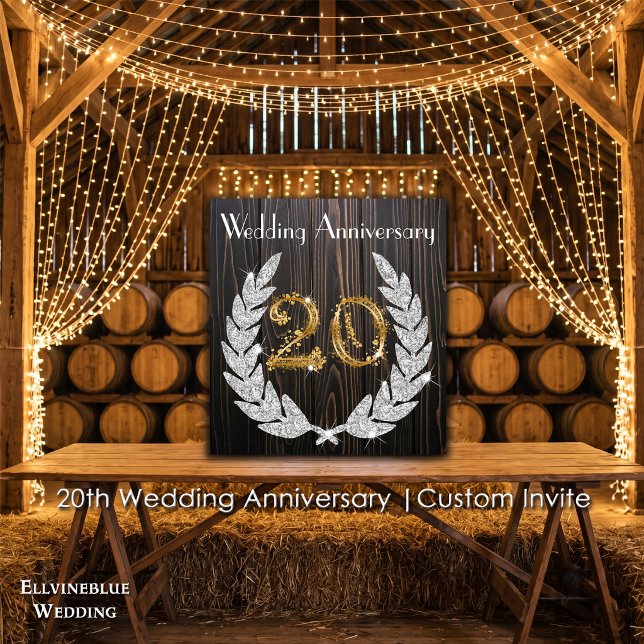 Invitation 20e anniversaire de mariage | Bois rustique et or (20th Wedding Anniversary Invite | Rustic Wood & Diamond Laurel. Size: 5.25” x 5.25”)