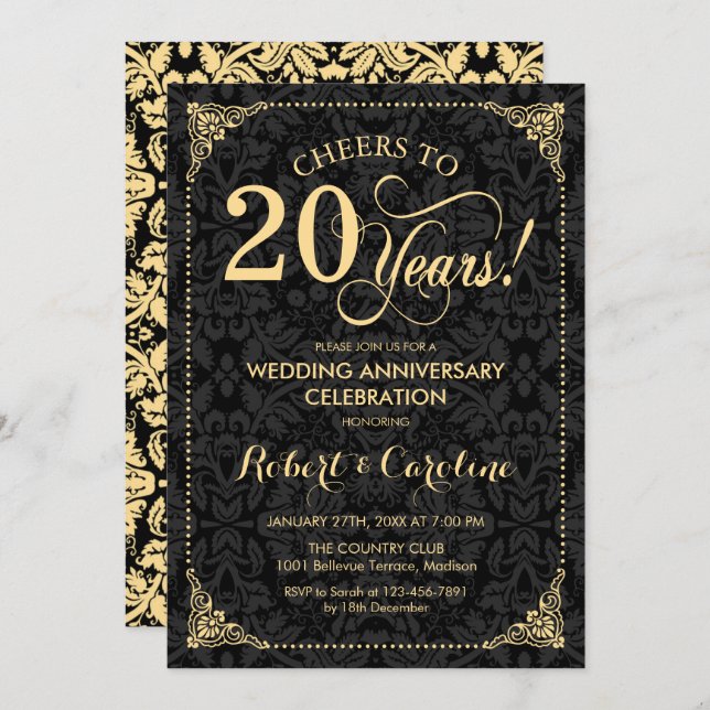 Invitation 20e anniversaire de mariage - Damask noir or (Devant / Derrière)