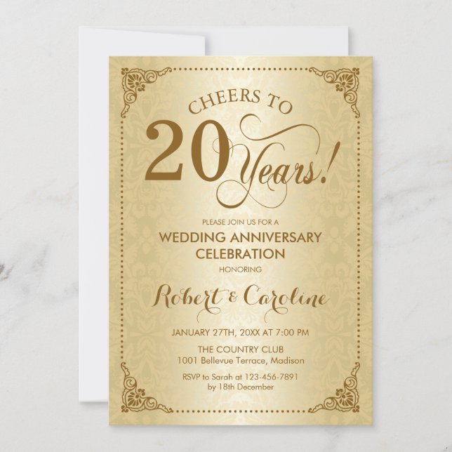 Invitation 20e anniversaire de mariage - Damassé or (Devant)
