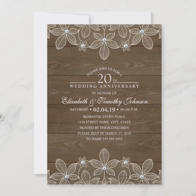 Invitation 20e anniversaire de Mariage Dentelle rustique en b (Devant)