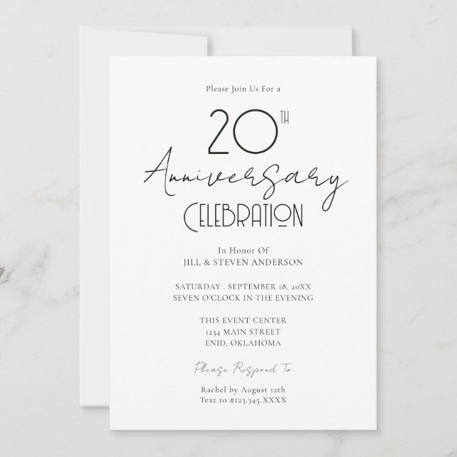 Invitation 20e anniversaire de mariage écriture élégante (Devant)