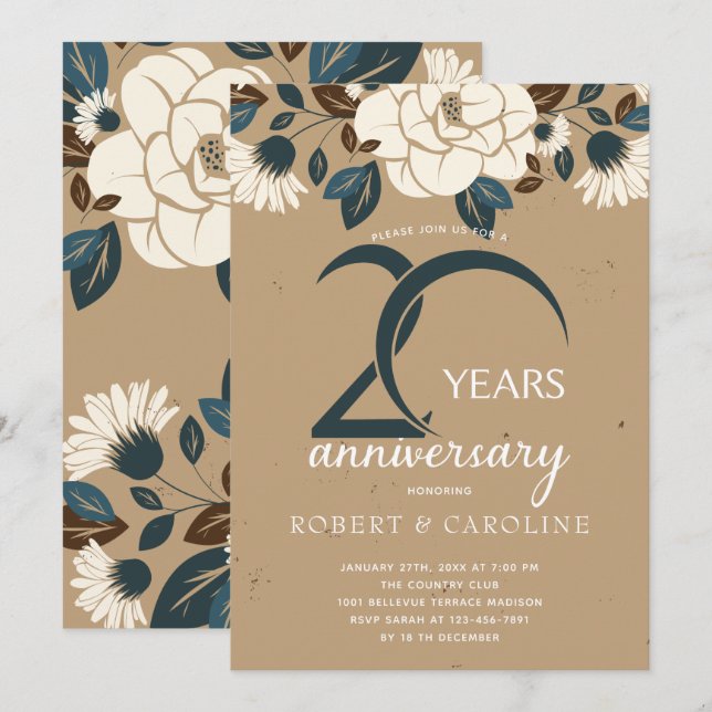 Invitation 20e anniversaire de mariage Floral Rustique (Devant / Derrière)