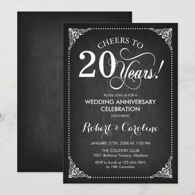 Invitation 20e anniversaire de mariage - Tableau noir blanc (Devant / Derrière)