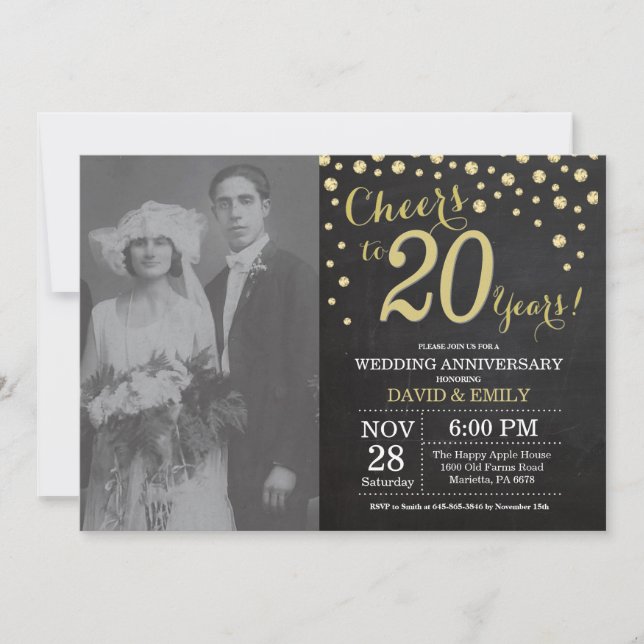 Invitation 20e Anniversaire de Mariage Tableau Noir et Or (Devant)