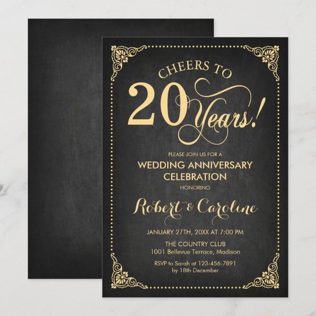 Invitation 20e anniversaire de mariage - Tableau noir or (Devant / Derrière)