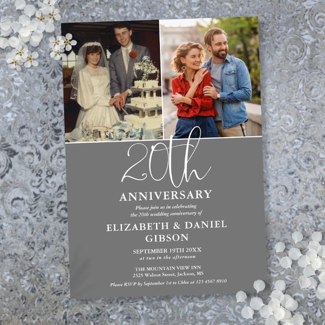 Invitation 20e anniversaire du Mariage hier et aujourd'hui 2  (20th Wedding Anniversary Then And Now 2 Photo Invitation)
