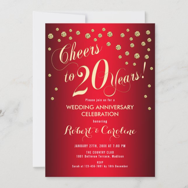 Invitation 20e anniversaire du Mariage - Rouge & Or (Devant)