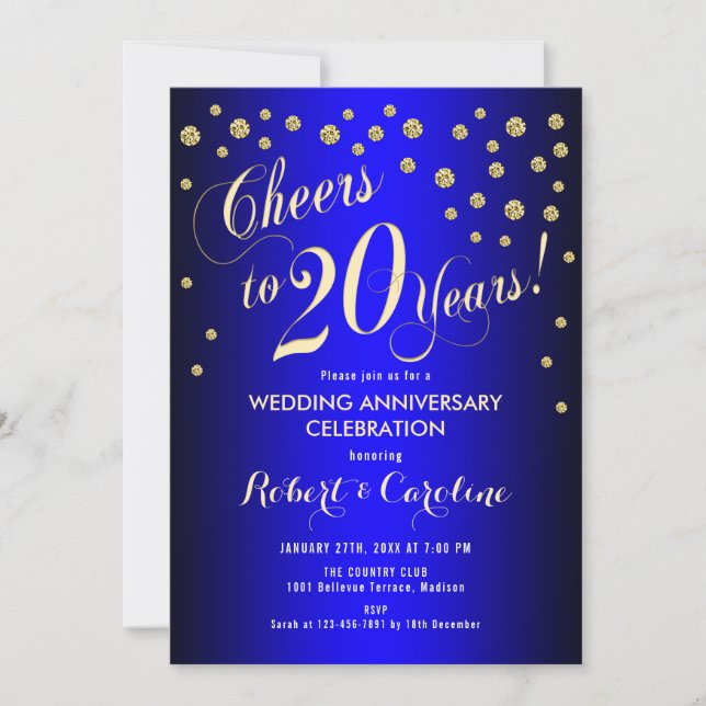Invitation 20e anniversaire du Mariage - Royal Blue & Gold (Devant)