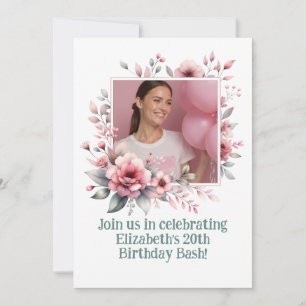 Invitation 20e anniversaire fête Photo personnalisée Cadre fl