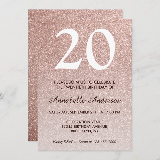 Invitation 20e anniversaire Glam Rose Rose Gold Parties scint (Devant / Derrière)