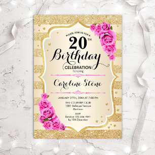 Invitation 20e anniversaire - Gold Stripes rose Roses Invitat