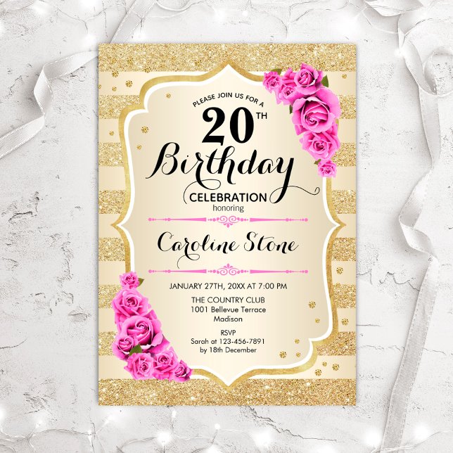 Invitation 20e anniversaire - Gold Stripes rose Roses Invitat (Créateur téléchargé)
