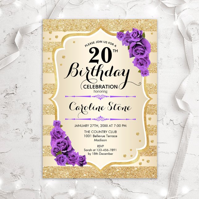 Invitation 20e anniversaire - Gold Stripes Roses violets (Créateur téléchargé)
