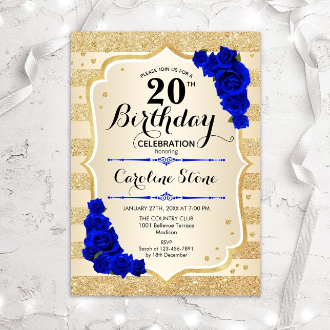 Invitation 20e anniversaire - Gold Stripes Royal Blue Roses (Créateur téléchargé)
