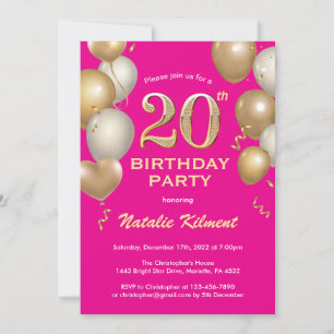 Invitation 20e anniversaire Hot Pink et Gold Parties scintill