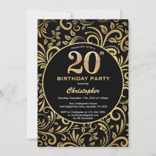 Invitation 20e anniversaire Modèle floral noir et or
