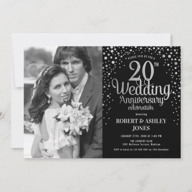 Invitation 20e Anniversaire - Noir Argent avec Photo (Devant)