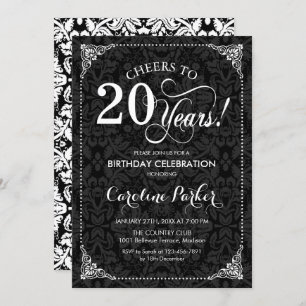 Invitation 20e anniversaire - Noir blanc Damas