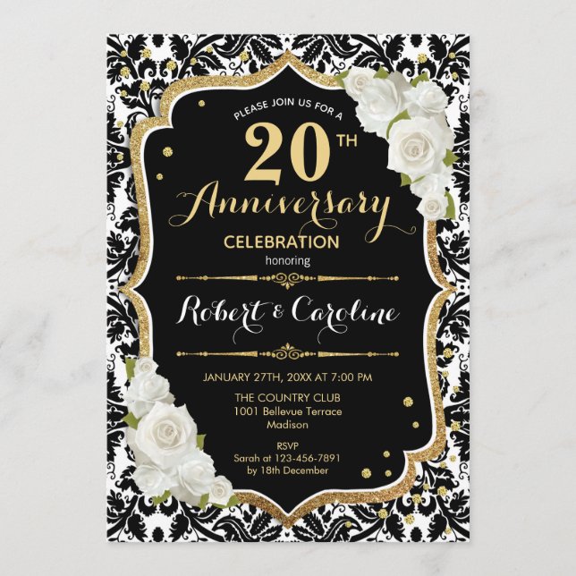 Invitation 20e Anniversaire - Noir Blanc Or (Devant)