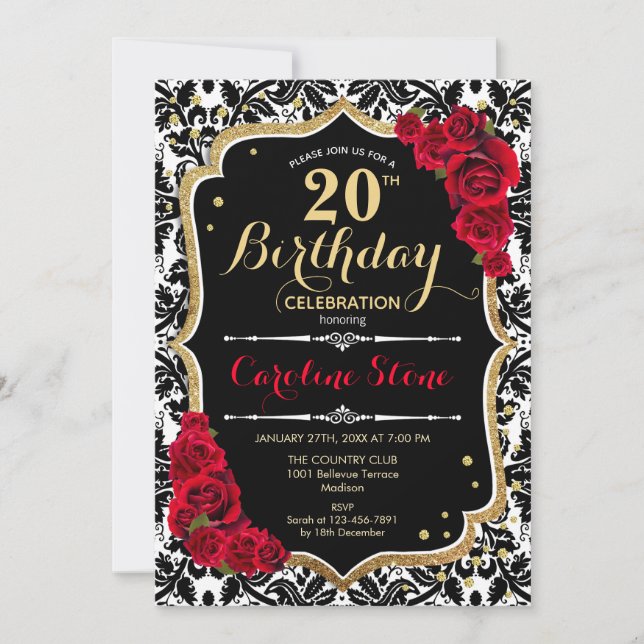 Invitation 20e anniversaire - Noir Damas Or Roses rouges (Devant)