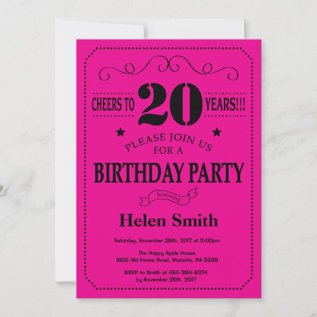 Invitation 20e anniversaire Noir et rose chaud (Devant)